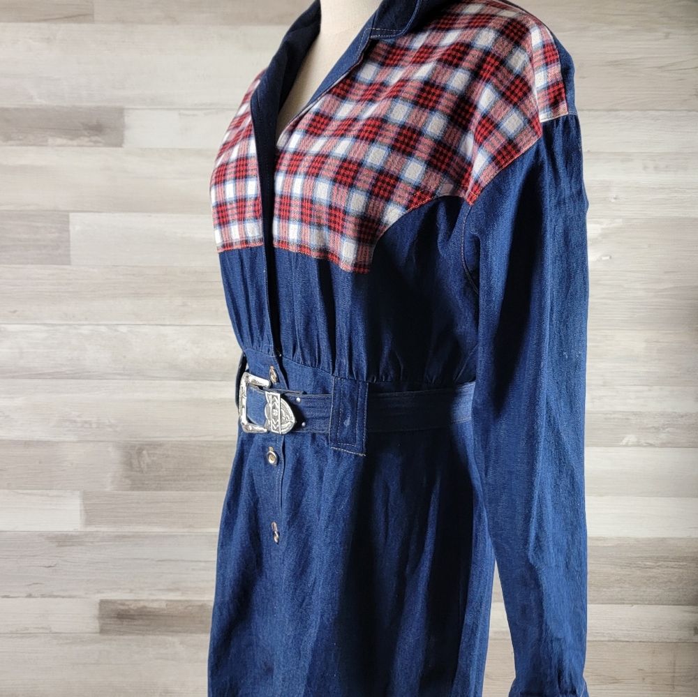 Vintage Carol Anderson Denim, Plaid Button Front Belted Dress Women's 5/6 USA - Picture 4 of 15